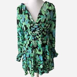 Topshop Leafy Print V-Neck Blouse - Green & Black